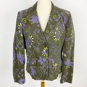 Petite Sophisticate Green Purple Paisley Plush Corduroy Blazer Women Size 12 New